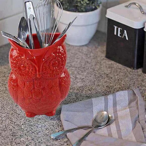 Owl Utensil Holder Decorative Ceramic Cookware & Organizer - Red - Picture 4 of 6
